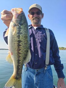 One fishing rod with line in the water at Branson