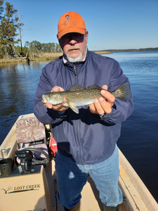 A spotted weakfish, a 15-inch saltwater fish, caught while fishing in North Carolina