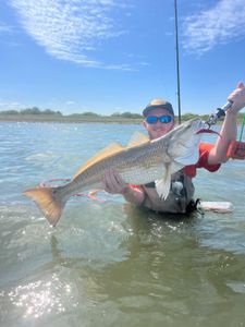 Angler holding large redfish while wading in shallow water near Corpus Christi TX