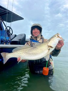 Angler holding large speckled trout catch while standing in water next to fishing boat in Corpus Christi TX