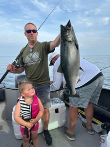 Freshly caught Chinook salmon displayed on fishing boat in Sackets Harbor NY