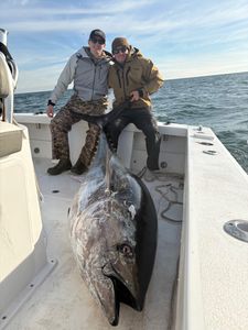 Large bluefin tuna caught fishing in Morehead City NC on boat deck