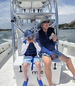 Fishing trip on boat in Morehead City NC waters with captain's tower visible