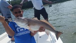 Angler holding a large 23-inch redfish caught in Tampa Bay