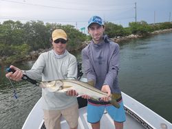 A snook fish being held by two people in Tampa Bay