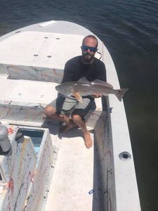 A fisherman holding a large redfish in Seminole
