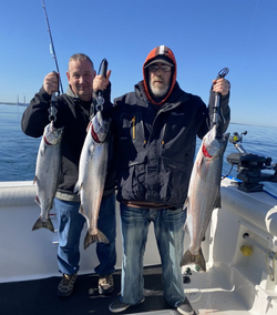 Three coho salmon, rainbow trout, and chinook salmon caught fishing in NY