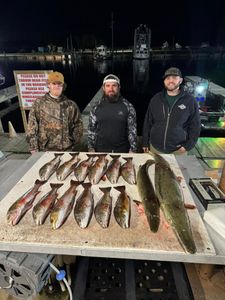Successful fishing trip in Lafitte LA showing caught redfish and alligator gar displayed on cleaning table at marina