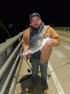 Justin with a dink striper from a bridge