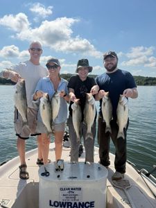 Good action in deep water with live shad, steady catches, and a fun morning on the lake with a great crew.