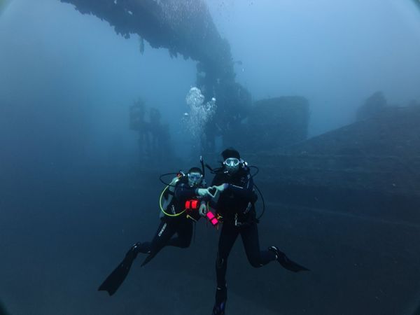 Exploring the underwater world together on a diving adventure.