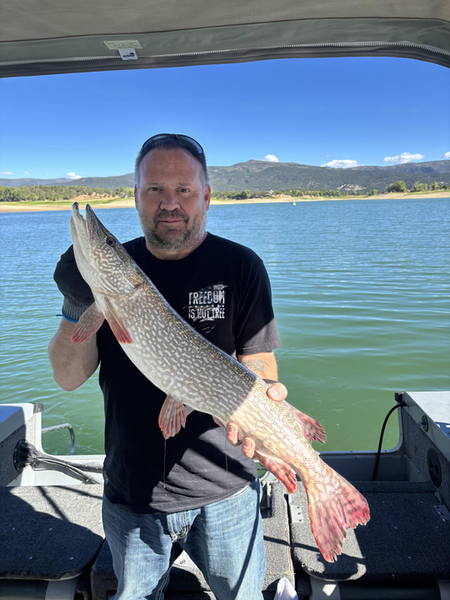 Nice Northern Pike using deep sea jigging and trolling techniques in partly cloudy conditions.