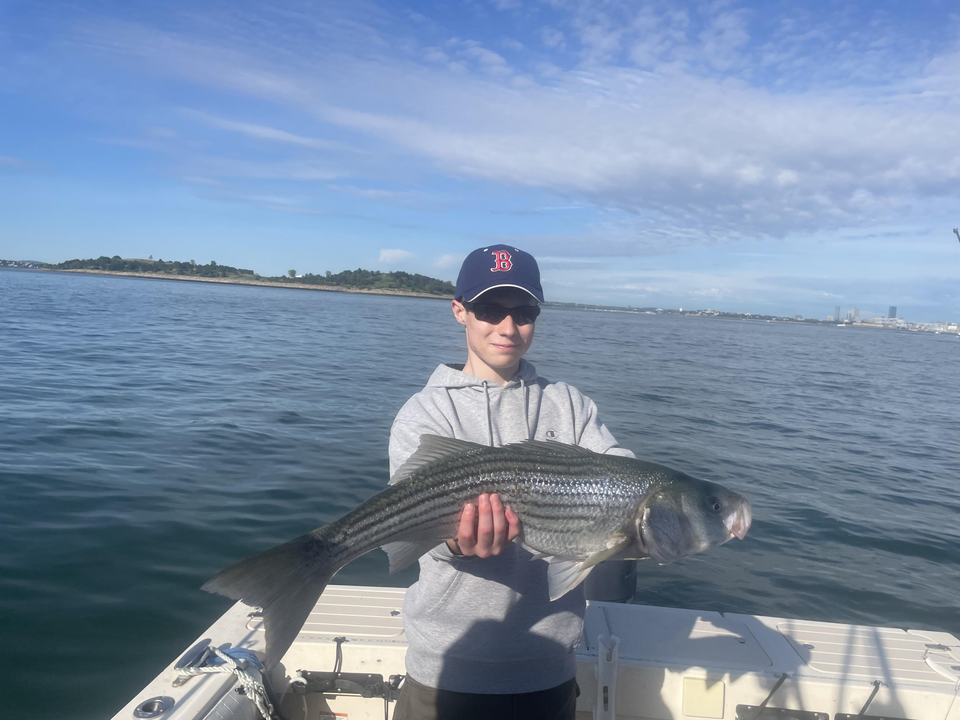 Nice striped bass using deep sea jigging and light tackle on a partly cloudy day!