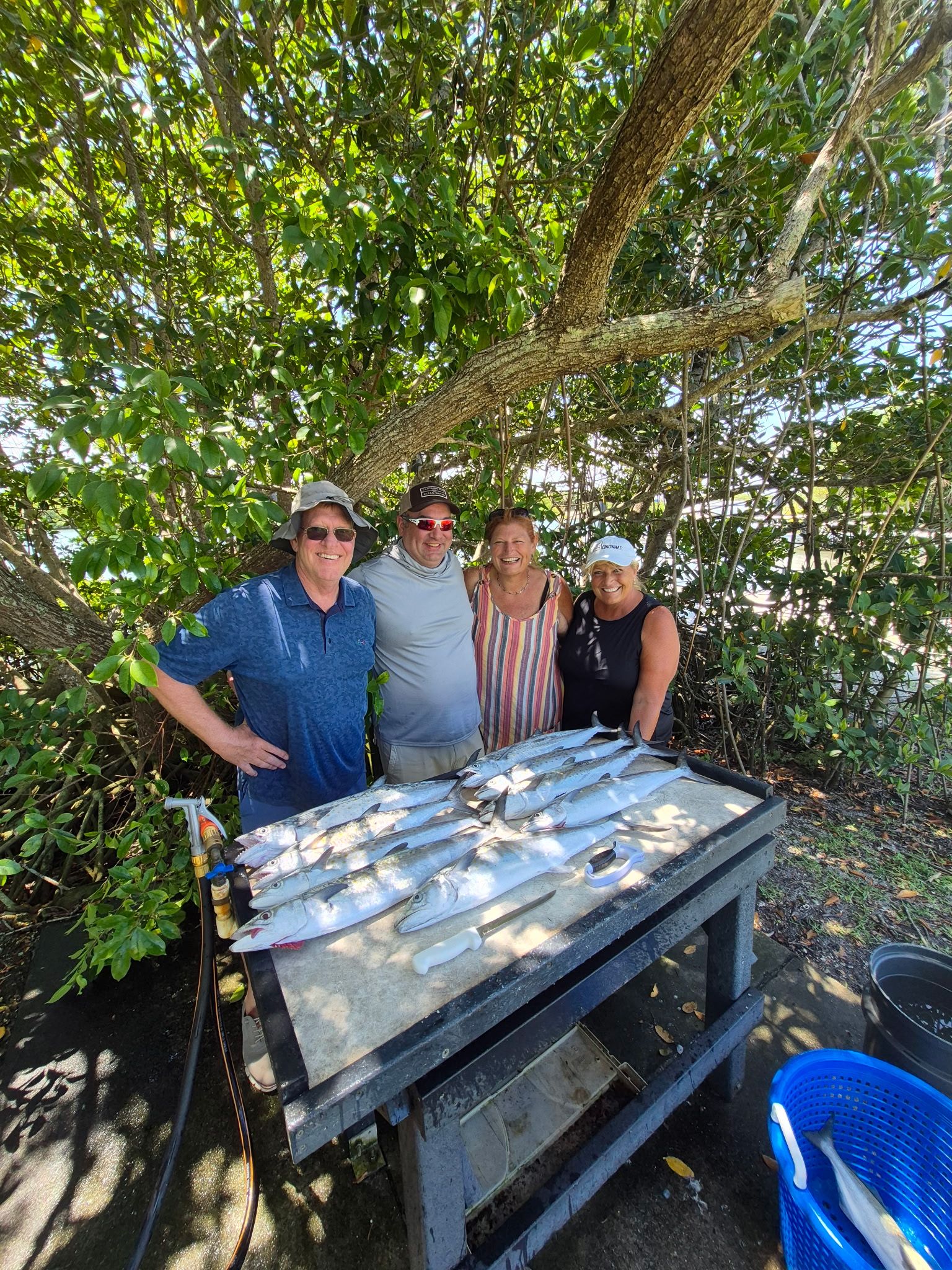 Fresh caught fish displayed on cleaning table under shaded tree with fishing group celebrating successful day