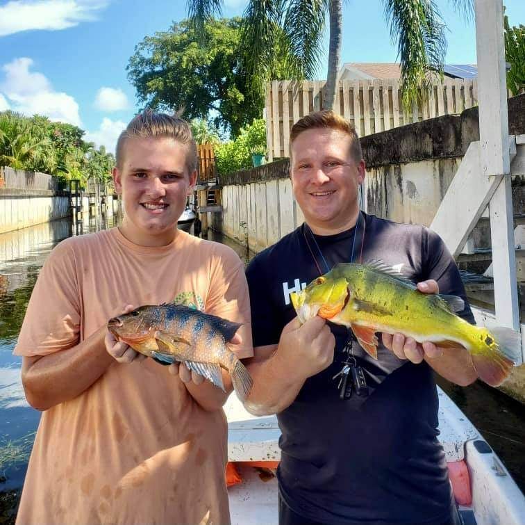 Two people fishing at unknown location