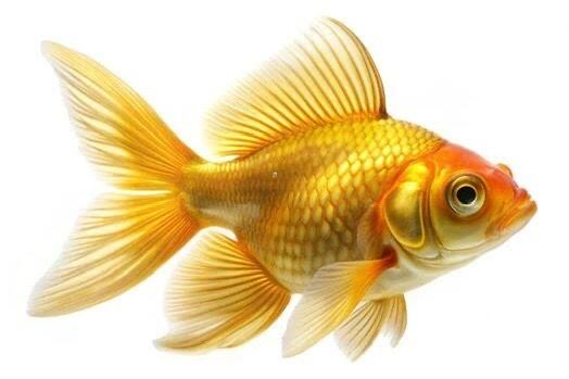 Golden goldfish with flowing fins against white background
