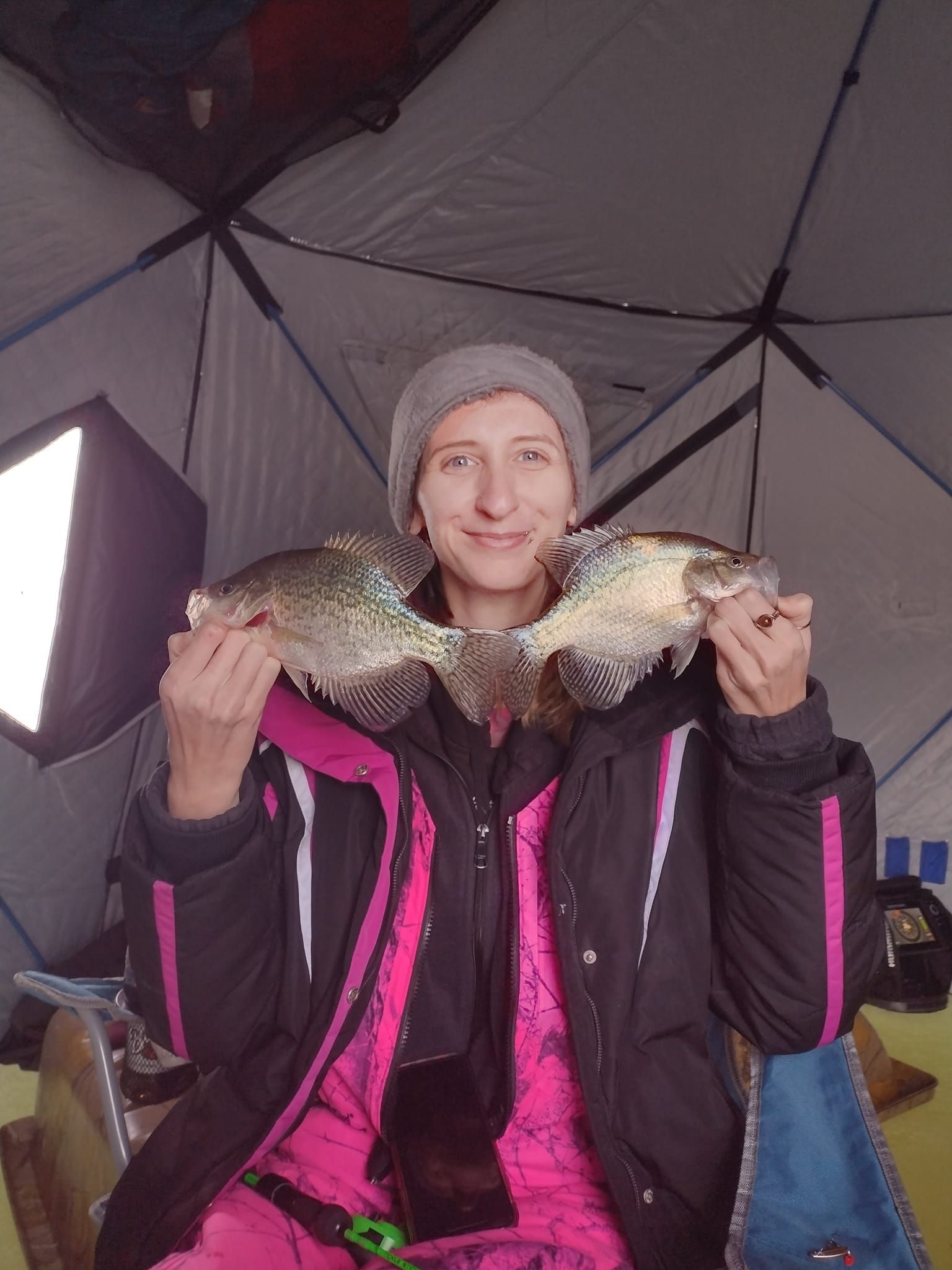 Two crappie fish caught on a fishing trip