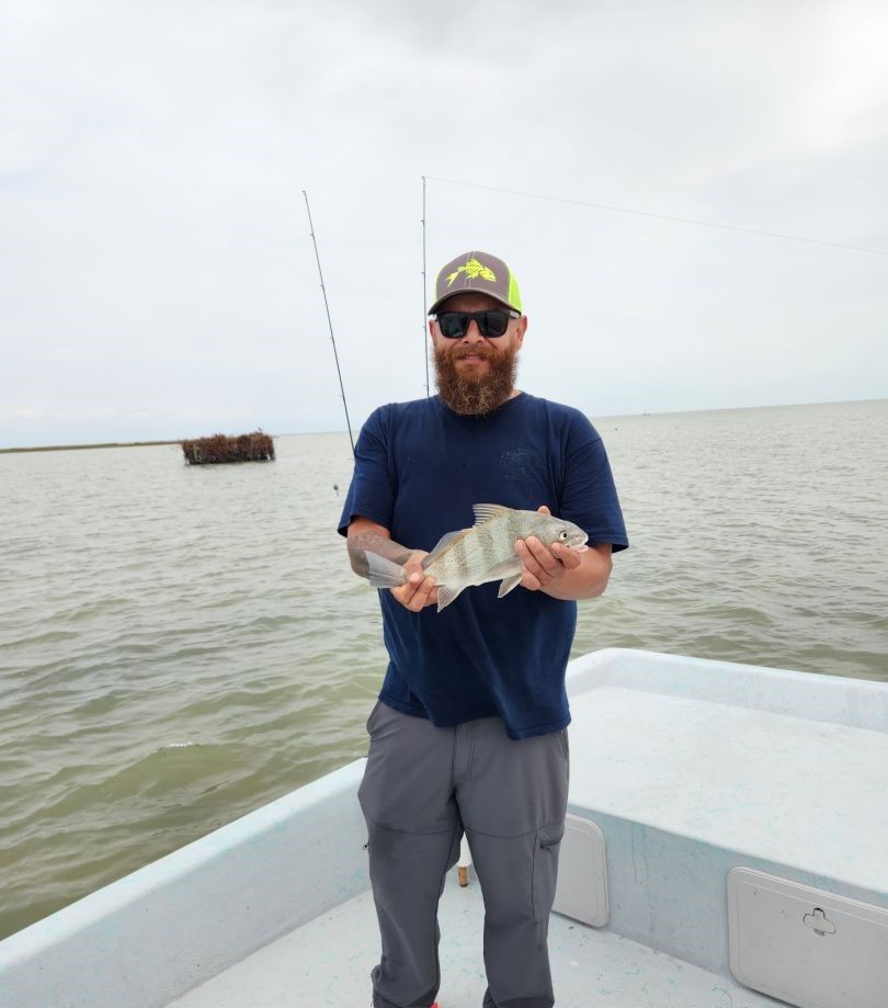Angler holding caught black drum fish on boat in open water