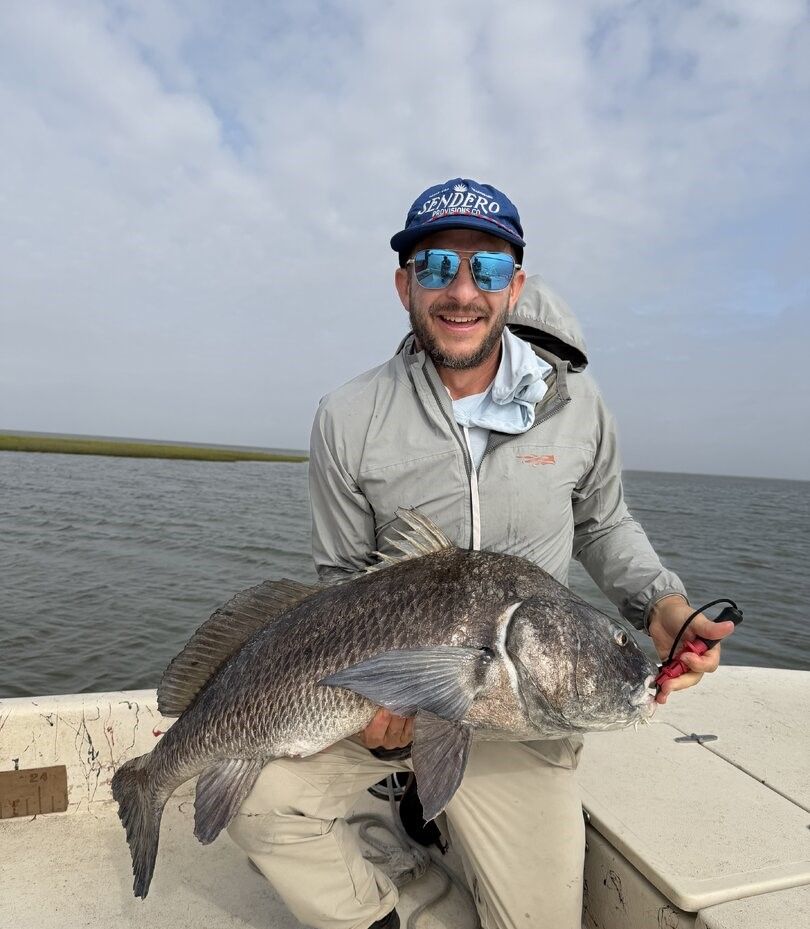 Angler holding large black drum fish on fishing boat
