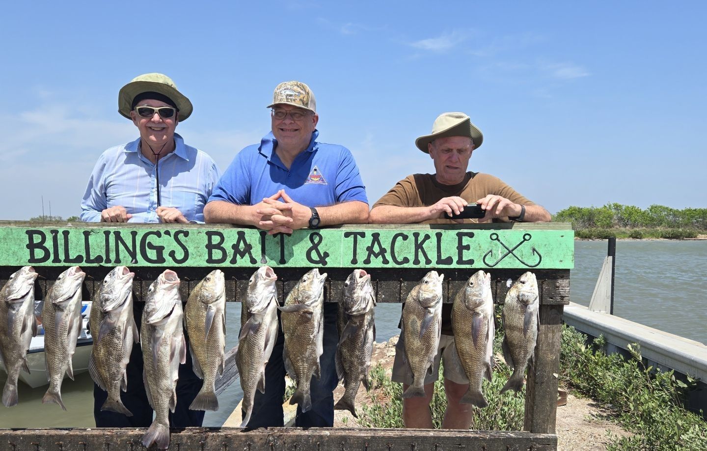 Fishing catch display showing multiple black drum hung on cleaning station rail