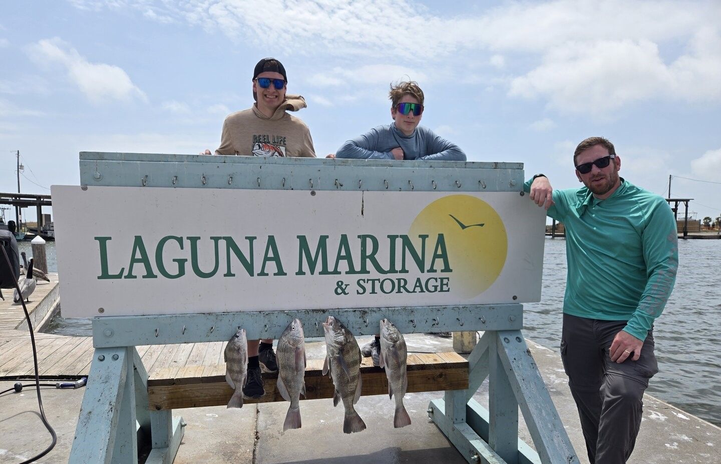 Four black drum fish hanging on cleaning station at marina dock