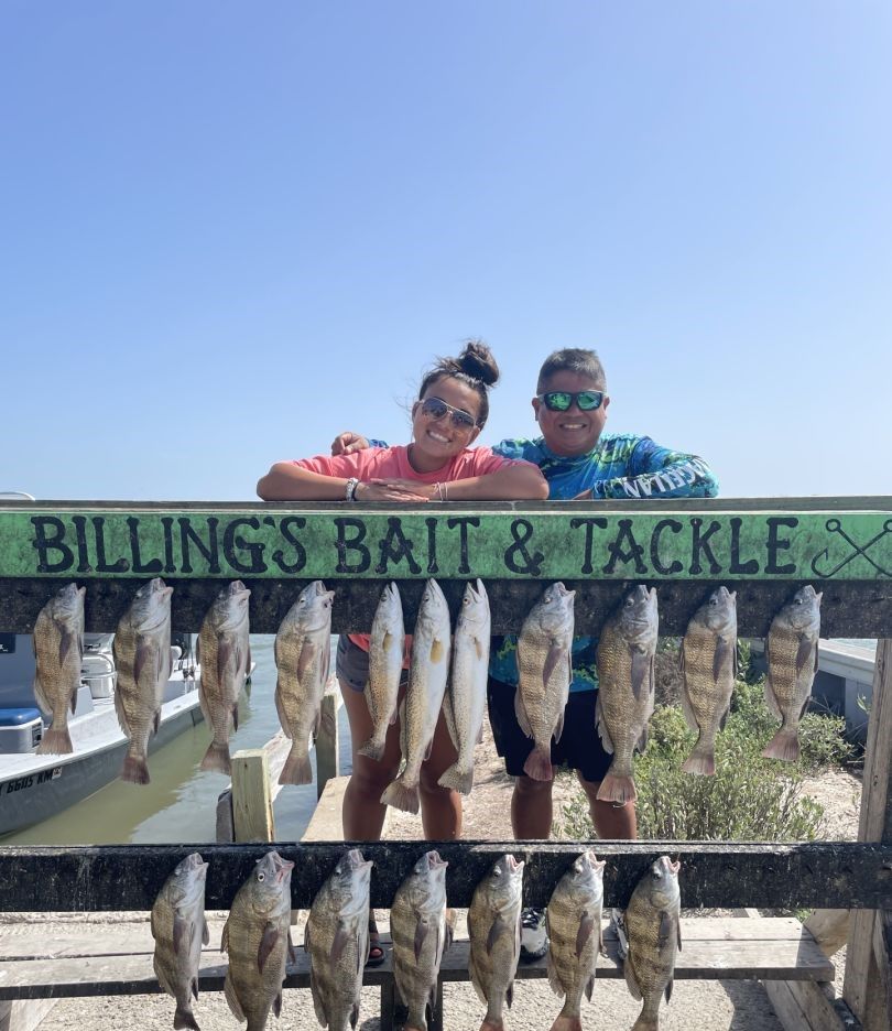 Fishing display showing multiple Black Drum and Speckled Trout hanging on rack