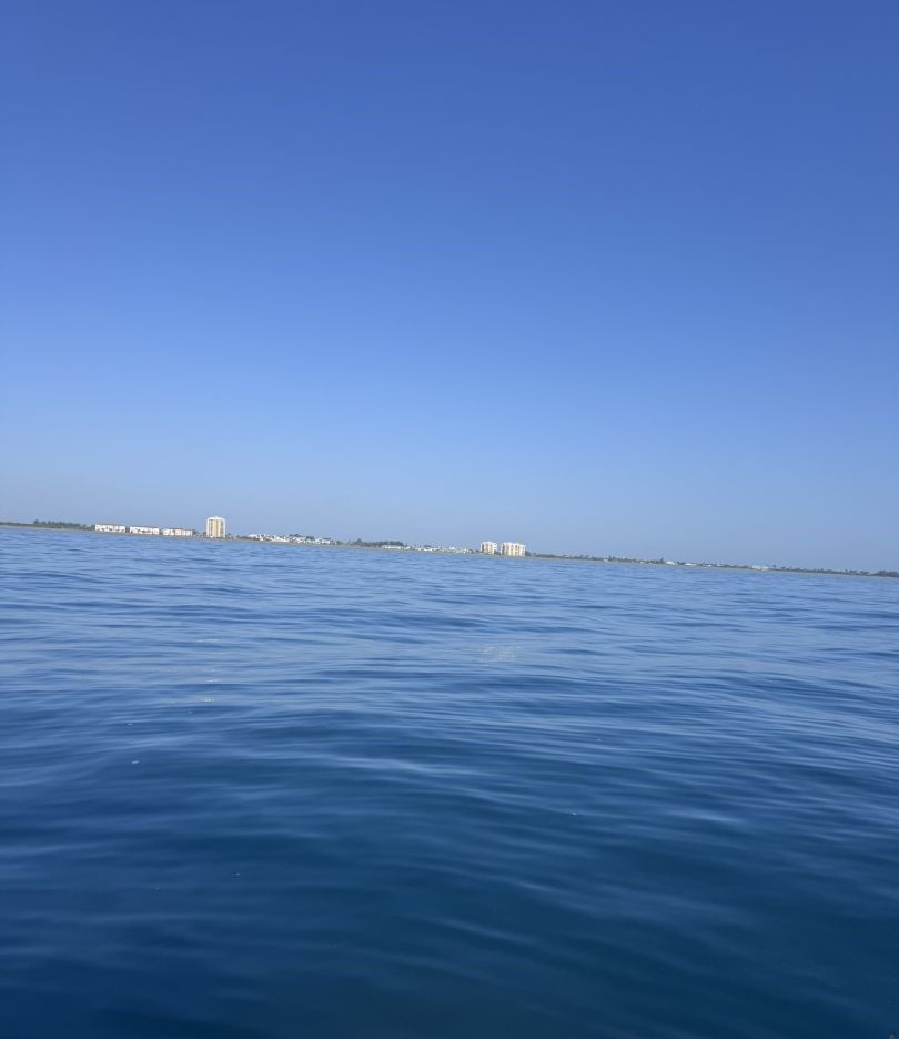 Clear blue ocean water with distant coastline and buildings visible on horizon under blue sky