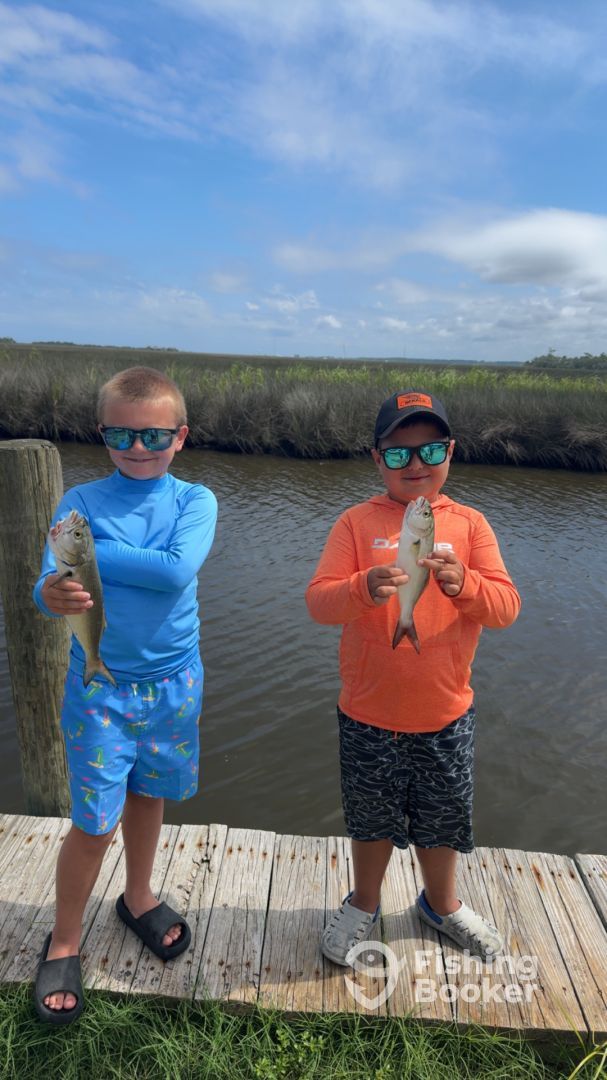 Two young anglers displaying freshly caught bluefish on wooden dock near marshland waters