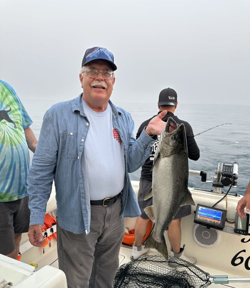 Freshly caught Chinook salmon displayed on fishing boat deck
