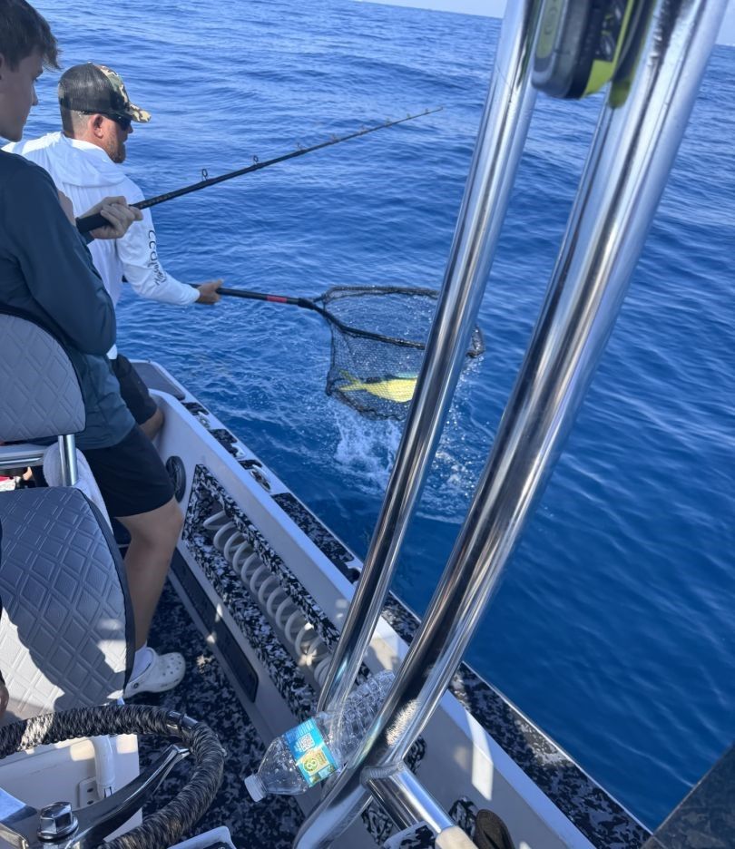Fishing rod bent with fish being netted from deep blue ocean water on sport fishing boat