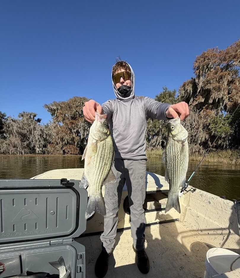 Two striped bass being held up after successful fishing trip on boat