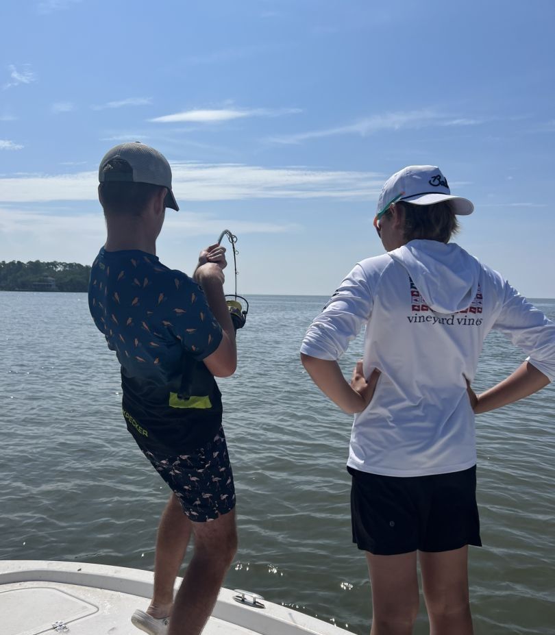 Two people fishing at unknown location