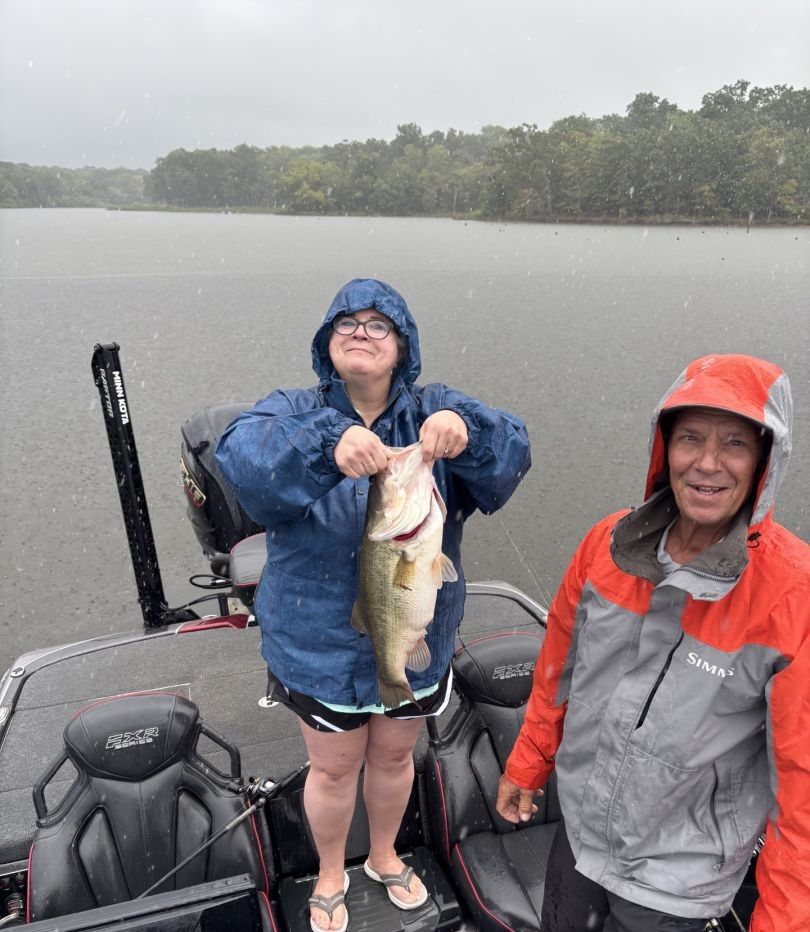 Two people fishing in an unknown location