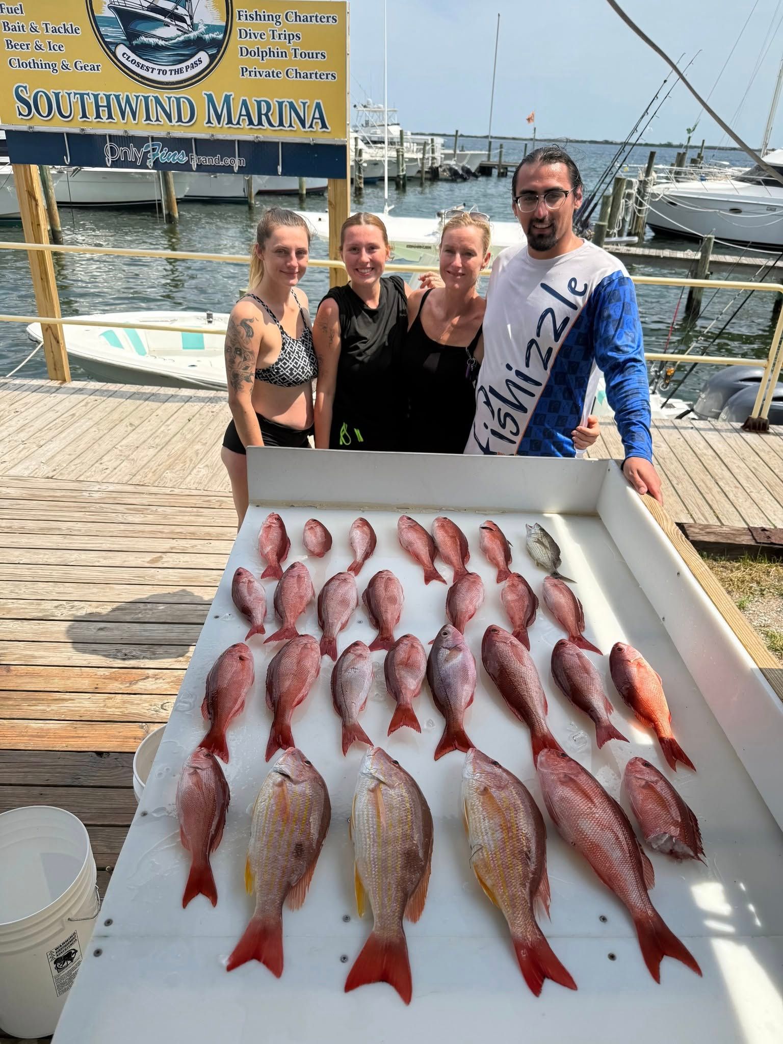 Fresh caught red snapper and lane snapper displayed on cleaning table at marina dock