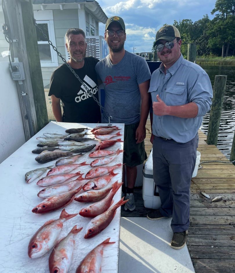 Fishing charter showing fresh caught red snapper and other fish species laid out on boat deck