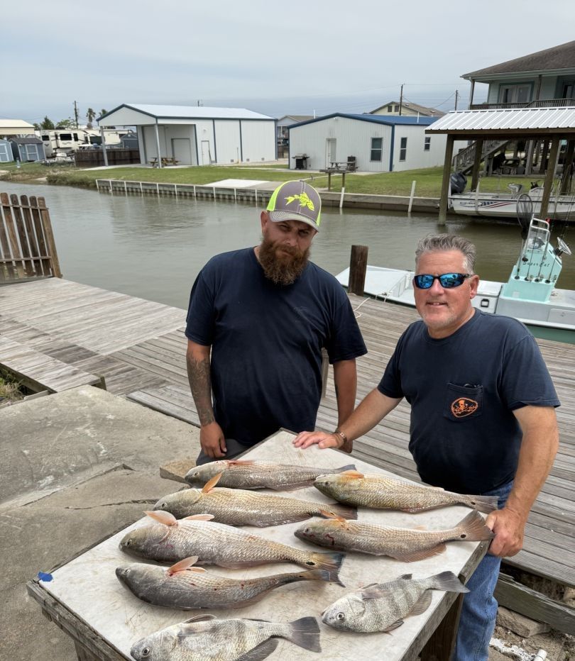 Fresh caught redfish and black drum displayed on fishing dock cleaning station