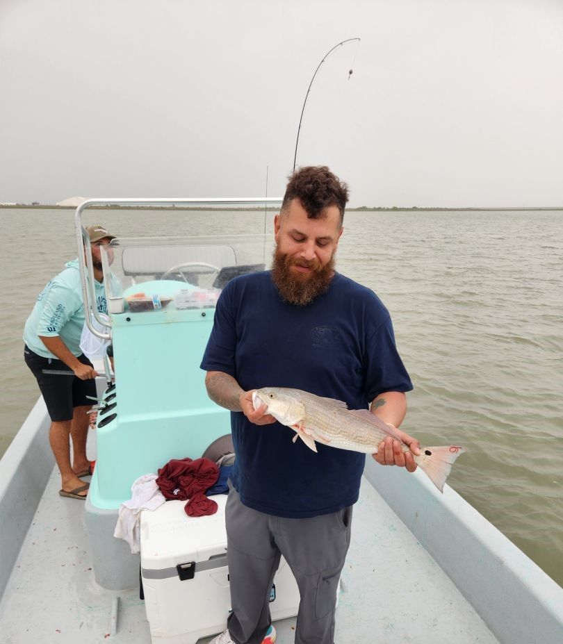Redfish catch displayed on fishing boat deck with fishing rod in background
