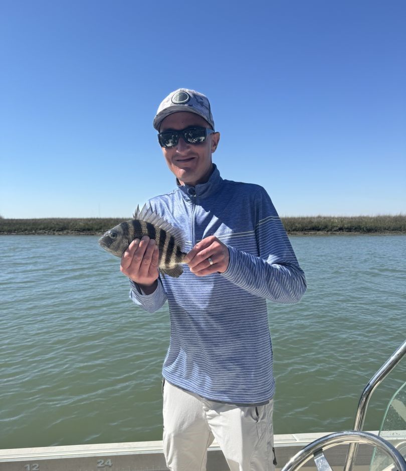 Freshly caught sheepshead fish being held on fishing boat with clear blue sky and water in background
