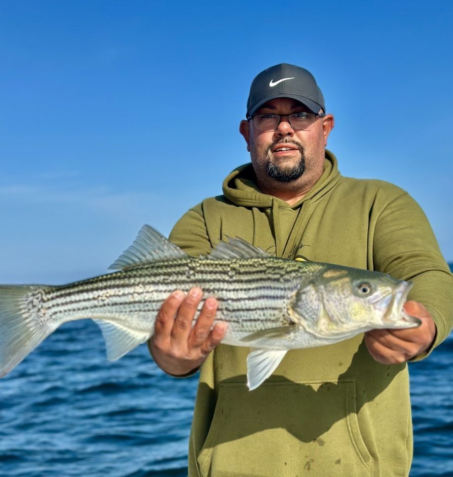 Angler holding freshly caught striped bass on boat with blue water background