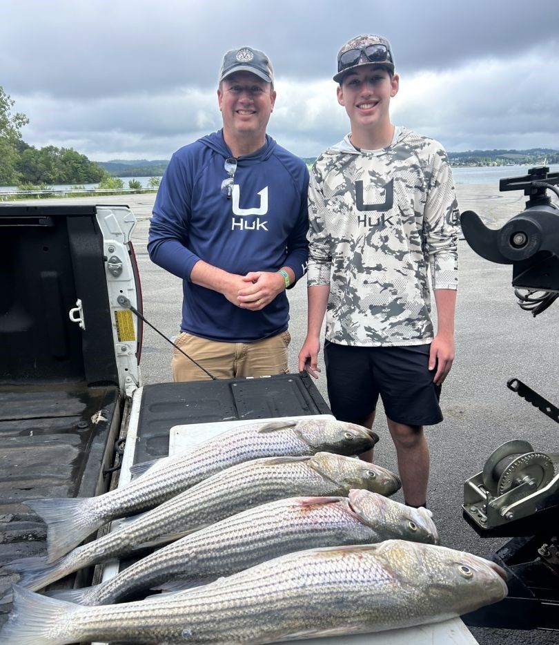Successful striped bass fishing trip with multiple caught fish displayed on boat deck