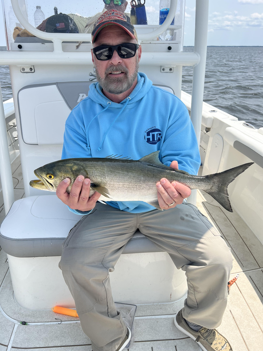 A mighty bluefish landed with light tackle amid the partly cloudy skies