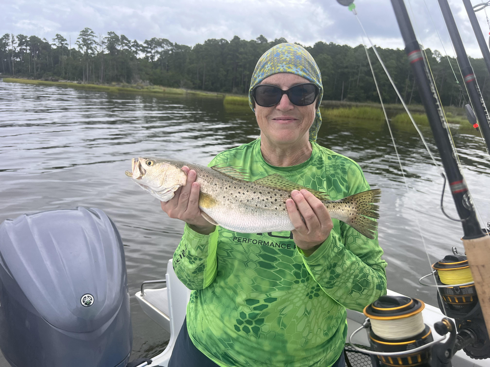 Light tackle magic lands a sleek Spotted Weakfish in Oriental!
