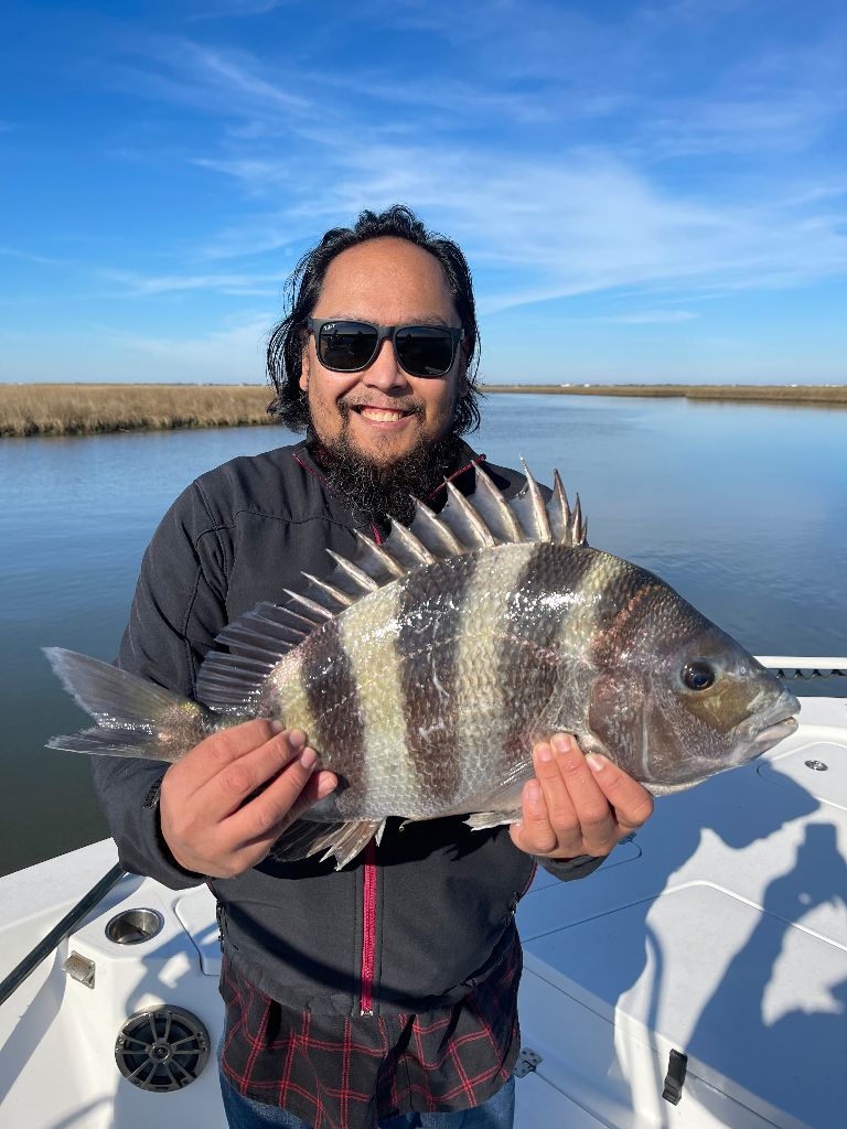 Angler holding a sheepshead fish