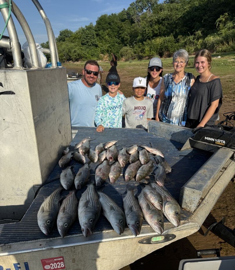 A group of 6 people fishing in an unknown location