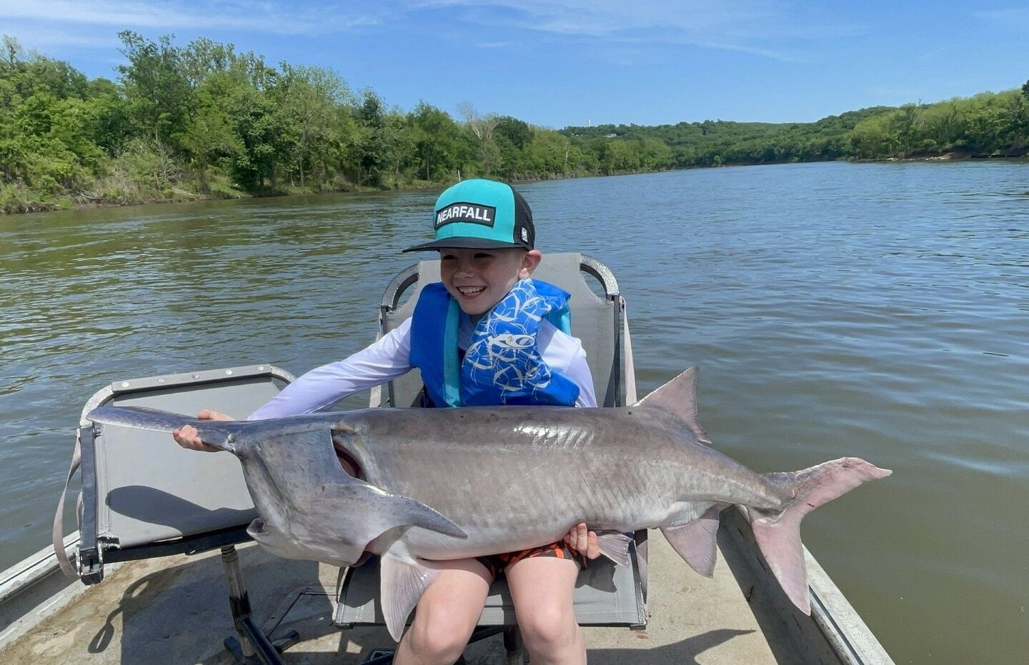 Large catfish catch displayed on fishing boat in freshwater lake surrounded by green trees