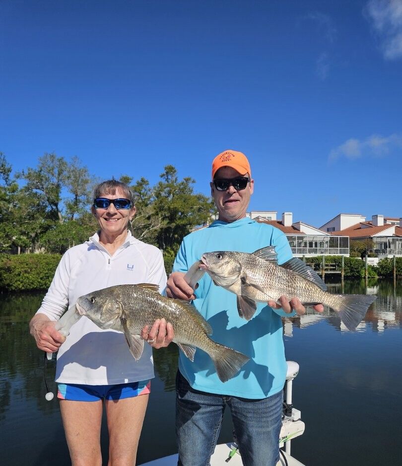 Two anglers holding freshly caught black drum fish on boat with waterfront homes in background