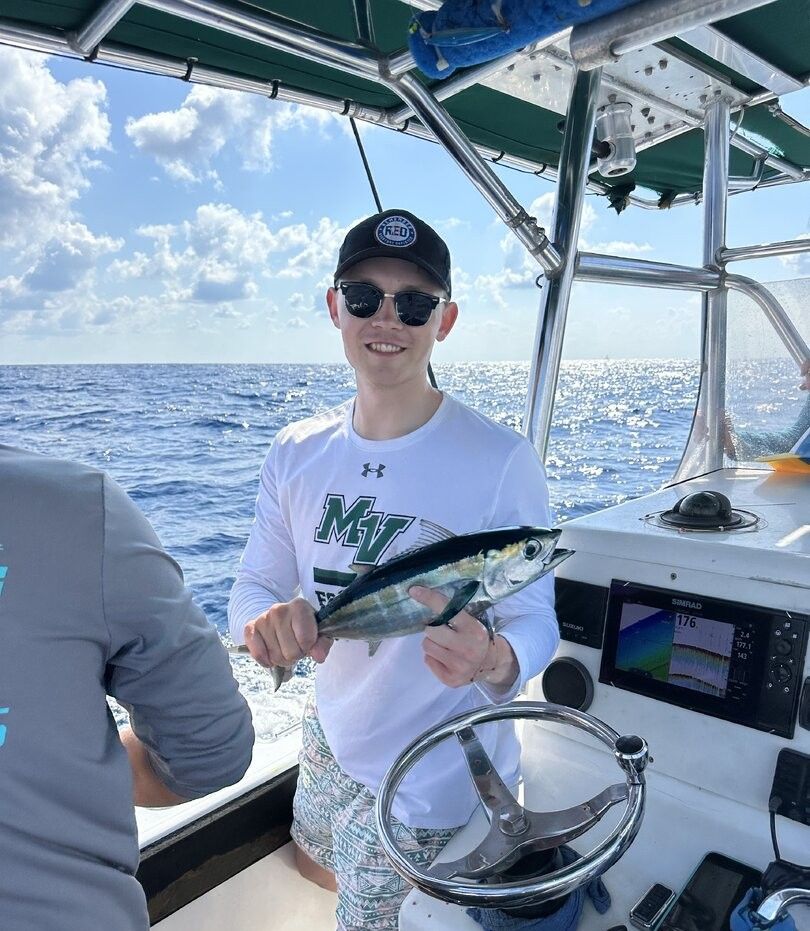 Blackfin tuna caught while fishing on boat in ocean