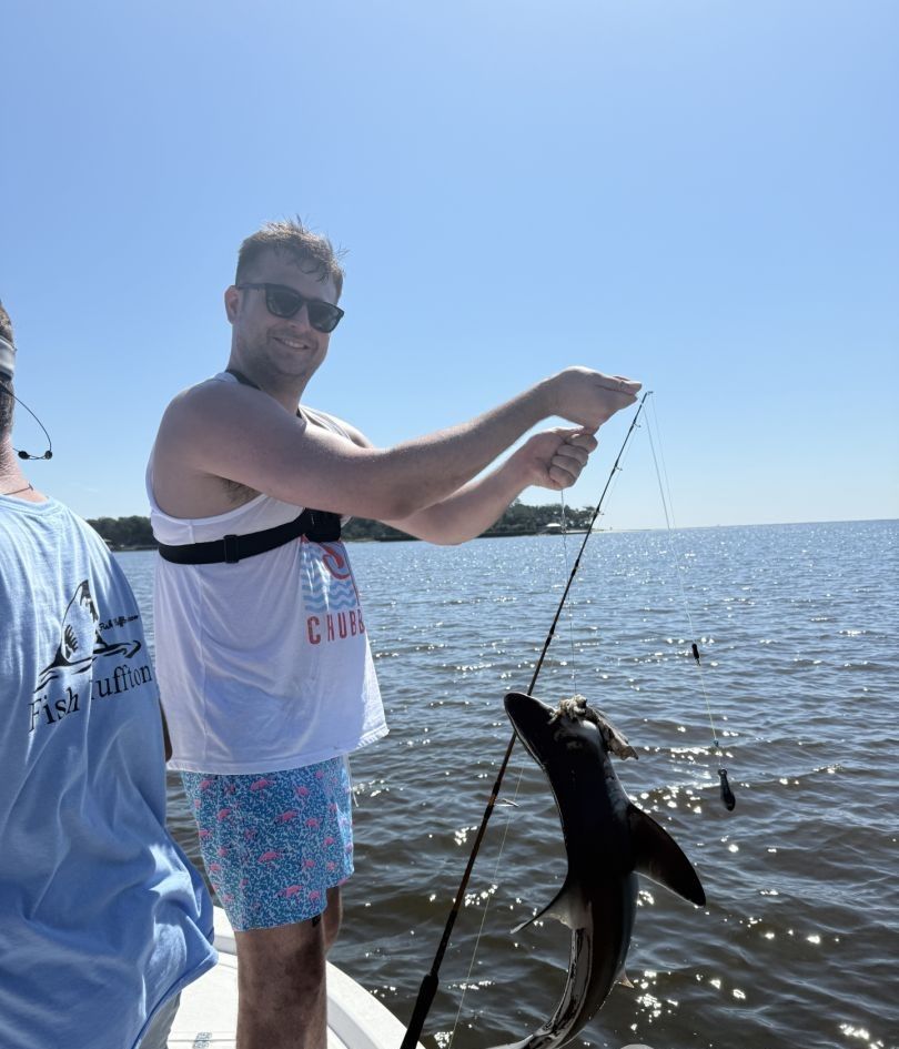 Cobia fish caught on fishing line being pulled up from water on boat