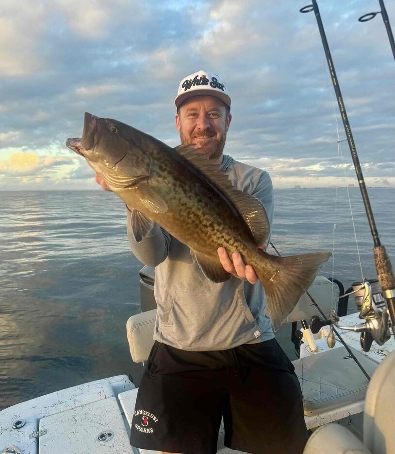 Angler holding large gag grouper on fishing boat at sea