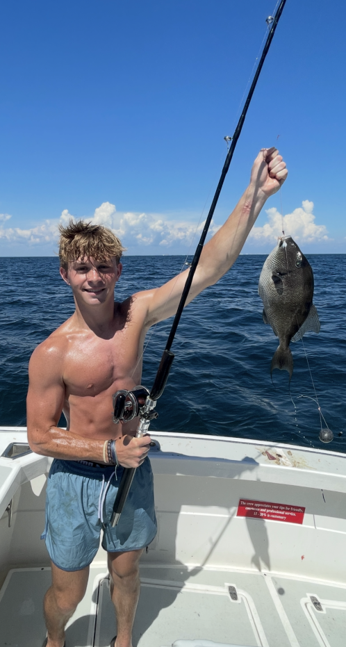 Grey triggerfish caught on fishing rod from boat deck over blue ocean water